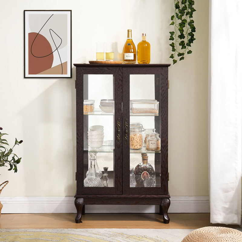 Elegant Display Cabinet With Tempered Glass, Mirrored Back, Adjustable Shelves, Lighted, Cherry Accent Piece Lighted Glass Doors, For Home