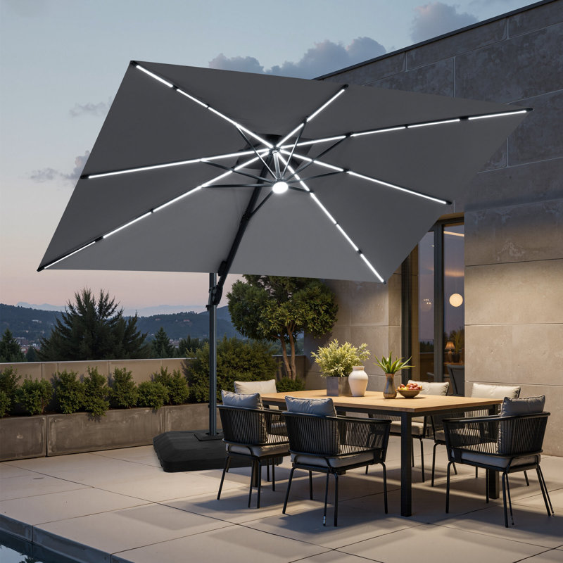 Parasol de patio rectangulaire en porte-à-faux avec lumières à DEL et base lestée 9 x 11 pi Wasif, Dark Grey