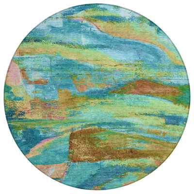 Machine Washable Indoor/Outdoor Xhevrie Teal Rug
