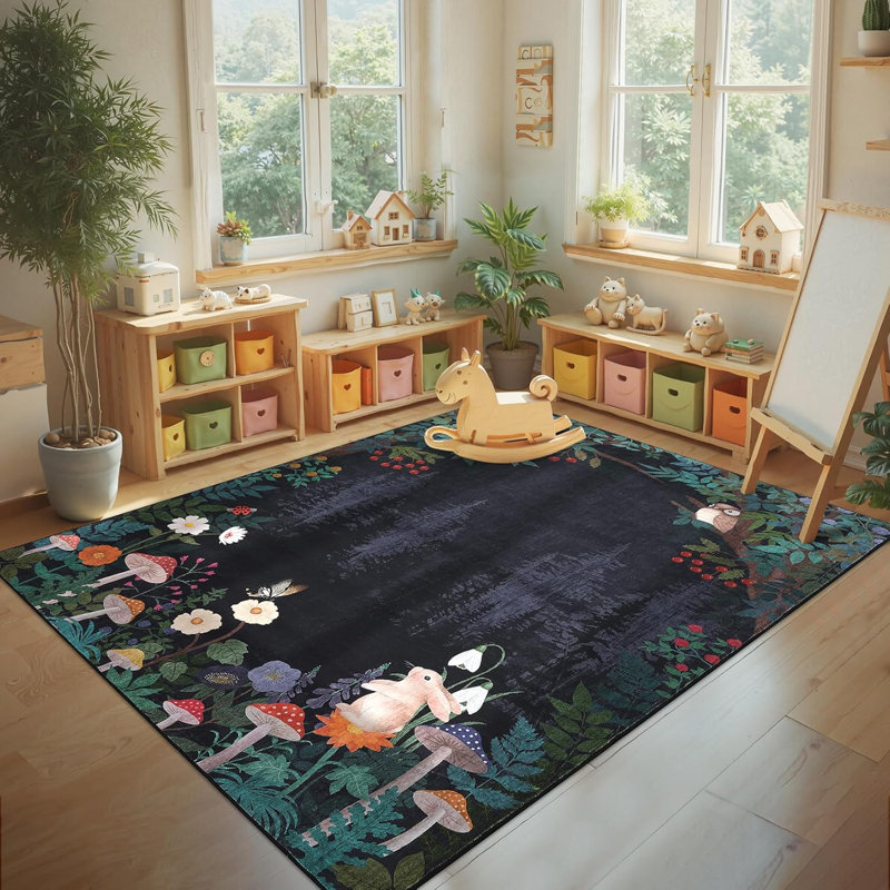 2x6 Washable Kitchen Rug, Non-Slip Jungle Animal Print, Low Pile, Stain-Resistant for Hallway, Entryway, Bathroom, Black