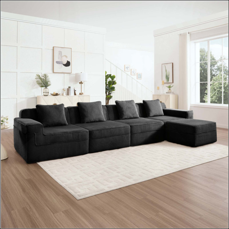 Canapé modulaire modulaire en L à 4 places sans os, canapé modulaire Cloud avec assise profonde, canapé modulaire moderne à 4 places avec coussins décoratifs et 1 repose-pieds mobile, tissu en velours côtelé