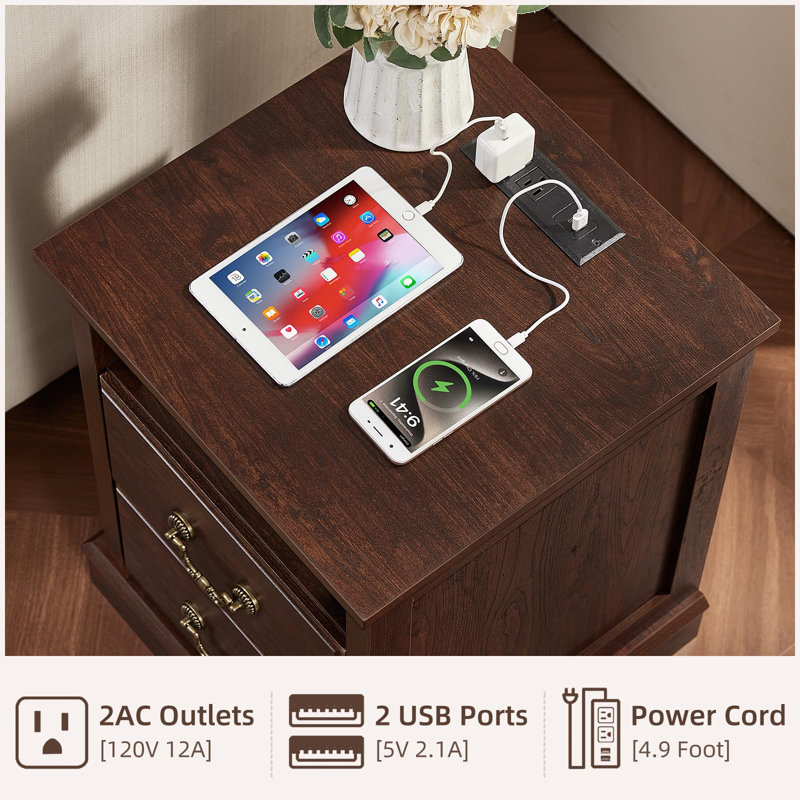 Farmhouse Night Stand with Charging Station, 2 Drawers Nightstand with Storage Shelf, Rustic Brown 18" Wide Wood Bedside Table, Bed Side End Tables for Bedroom, Living Room, Walnut