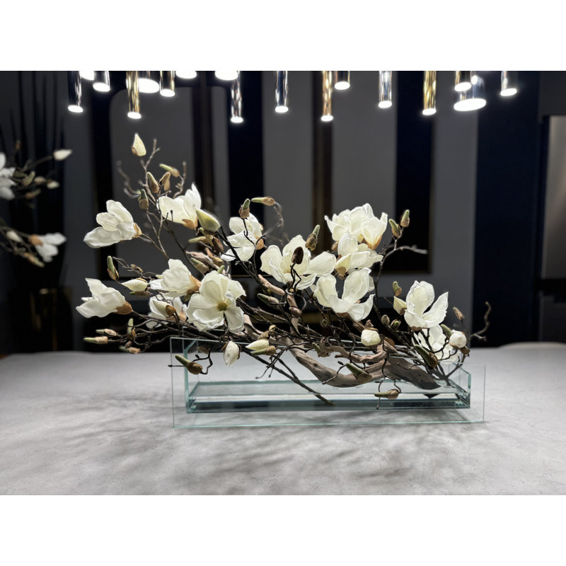Sloped Glass Planter With White Magnolias
