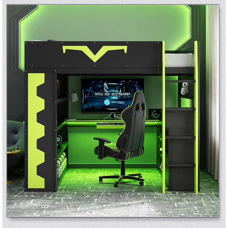 Gaming Loft Bed With Integrated Desk & RGB LED Lights, Pro-Gamer Bed With Power Outlet, Large Bookshelf, Pegboard, Keyboard Tray & Storage Drawer, 3 Colors Available