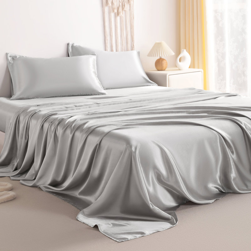 Lustrous Satin Bed Sheet Set Luxury Soft Durable, Silver Gray, King Sheet Set with 2 Pillowcases