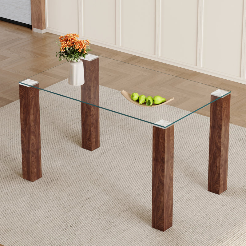 49.6”×30” Transparent Tempered Glass Dining Table With Rectangular Walnut - Color MDF Wood Grain Legs: Blending Simplicity & Quality, Ideal For Diverse Interior Decoration Styles