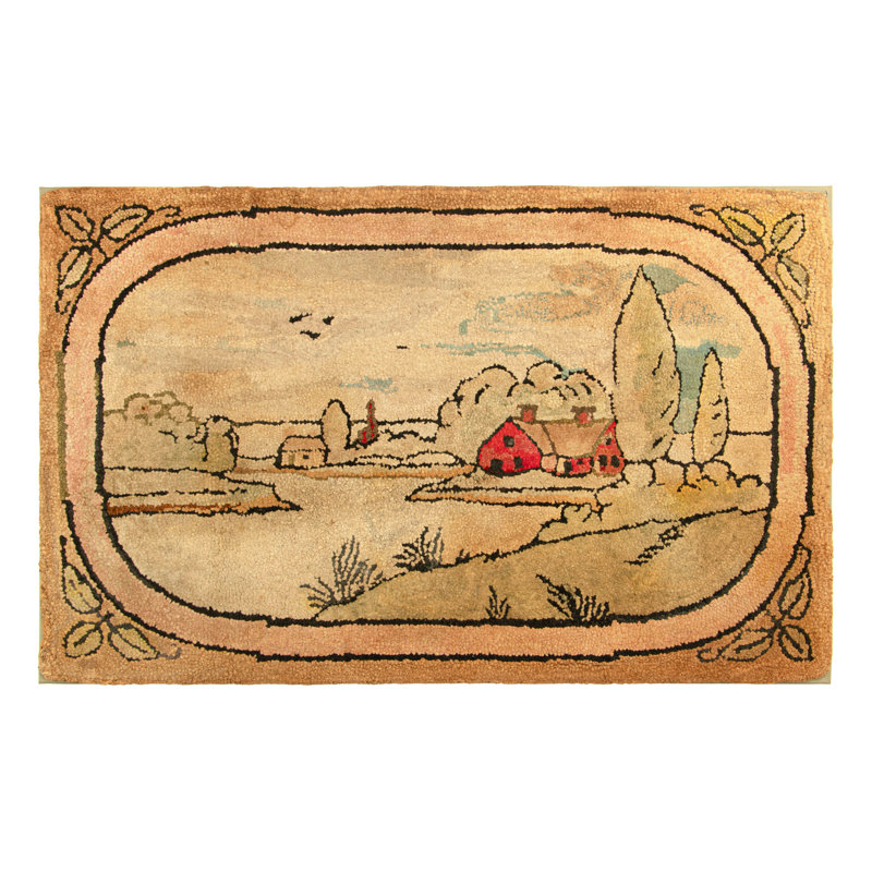 Antique Hooked Rug In Beige-Brown Landscape Pictorial - Rug & Kilim