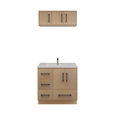 Meuble-lavabo autoportant de 36 po avec lavabo en acrylique renforcé Victoria (côté droit) et armoire supérieure Victoria