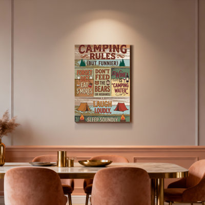 Camping Rules Funny Quotes And Tent Campfire Pattern Canvas Wrapped Wall Art Oil Painting Print Set Of 1