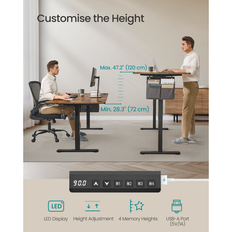Adjustable Metal Base Standing Desk, Brown/Black, 180cm W x 80cm D 