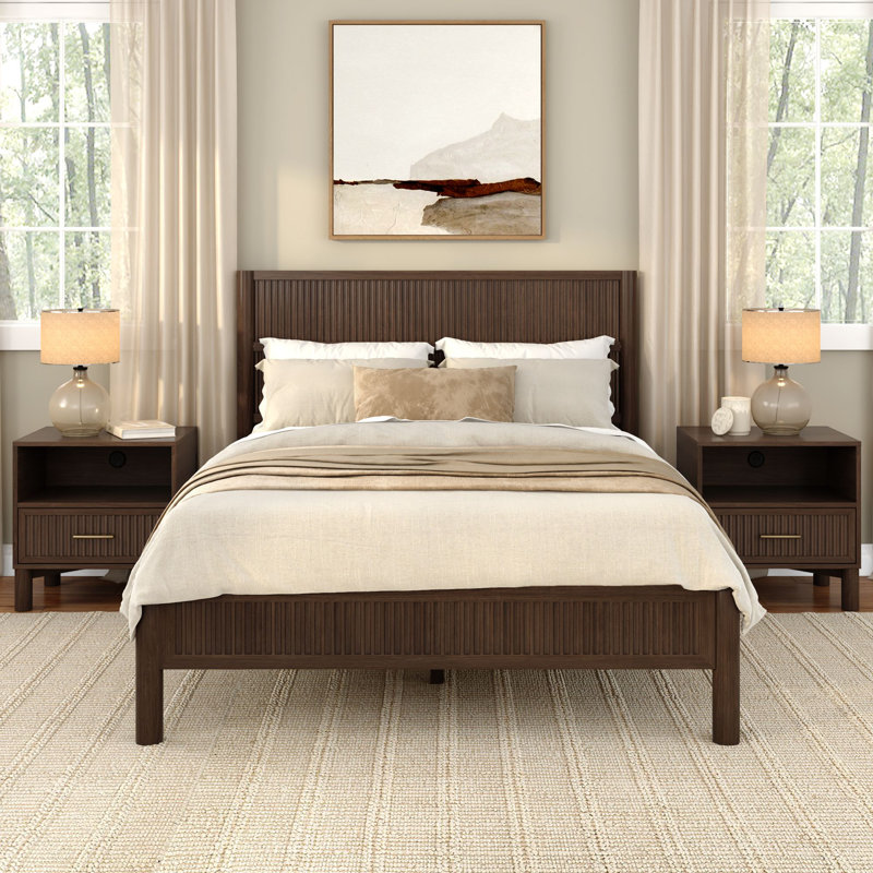 Sera Fluted Solid Wood Platform Bed, Walnut, Queen