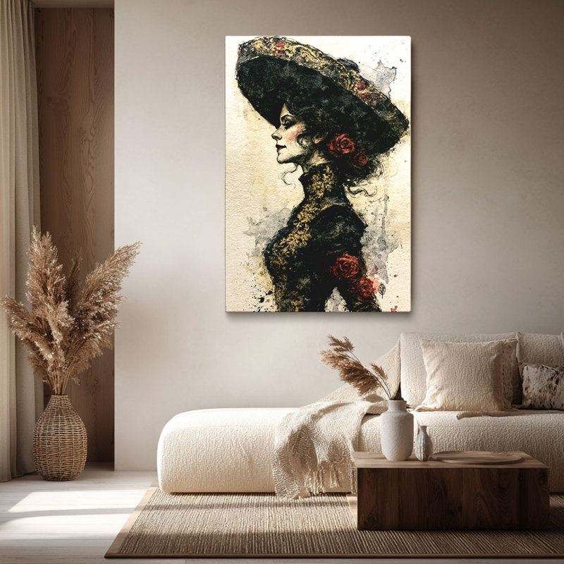 «Figurine de chapeau de Charro mexicain élégant avec roses rouges», art mural tendu sur toile tendue pour Eclectic Studio