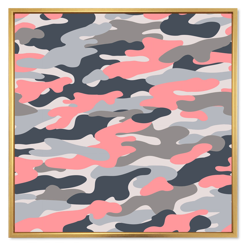 Camouflage rose et gris - impression sur toile, Cadre flottant doré, H 36 po x l 36 po x P 1 po
