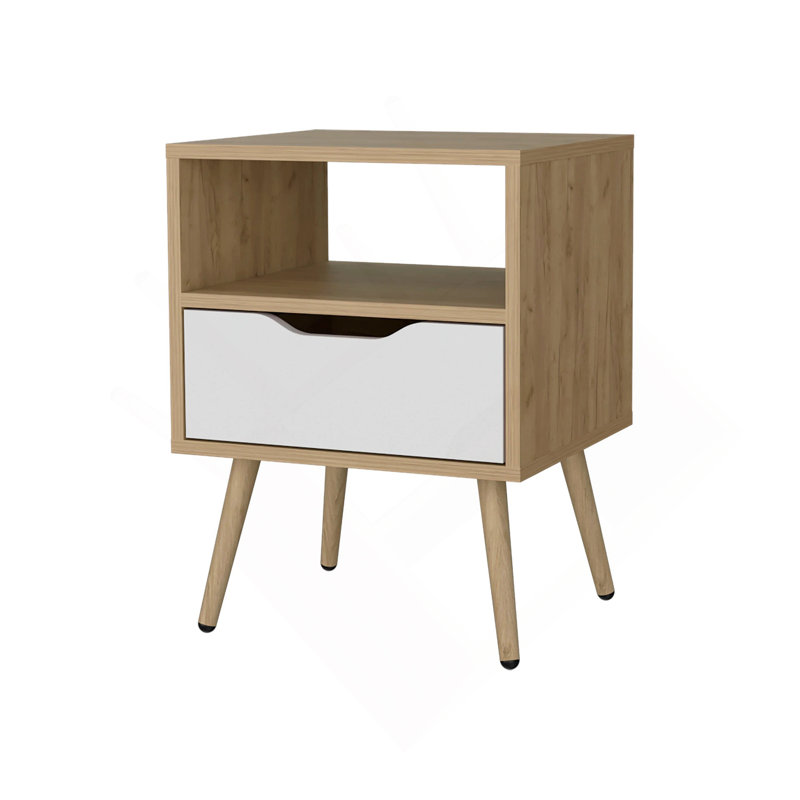 Table de chevet en chêne naturel et blanc avec rangement ouvert