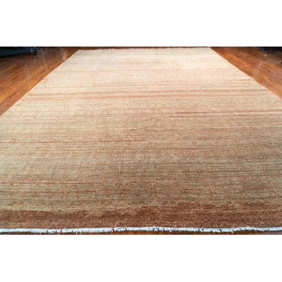 Tapis en laine noué à la main de 9 x 12 po Kaylash, tapis transitionnel indien, tapis beige neutre, tapis en laine fait à la main