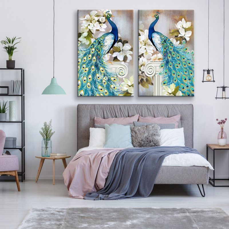 Paons bleus avec fleurs, ensemble sur toile, H 18 po x l 24 po
