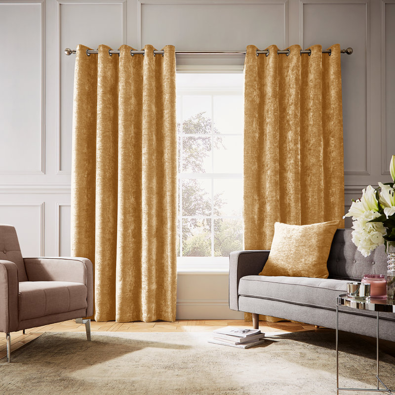 Selene Luxury Chenille Weighted Thermal Eyelet Cur Semi Sheer Curtain Pair, Gold, 90cm Width x 228.6cm Drop