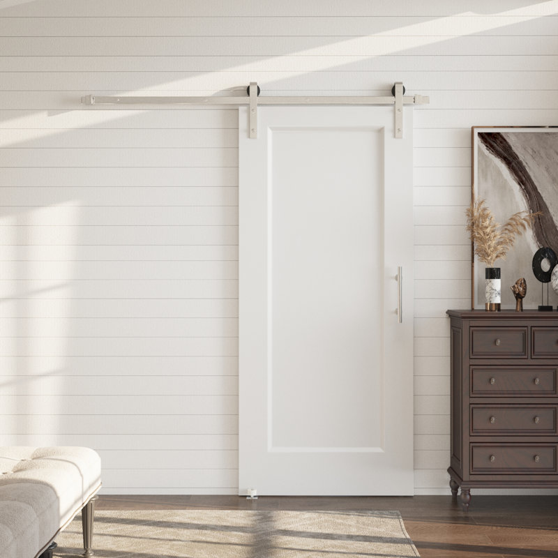 Porte de grange coulissante double 80 po 1 panneau blanc H 80 po avec quincaillerie d'installation en nickel brossé - Surface apprêtée, noyau creux