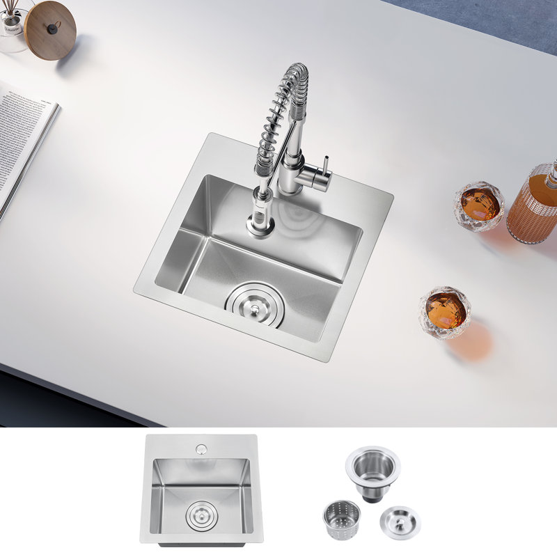 Évier de cuisine 15 po à cuve simple en acier inoxydable 304