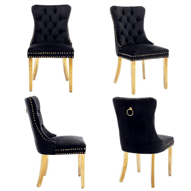 Johnfrancis Tufted Kitchen Velvet Upholstered Back Side Dining Chair, Gold, Black