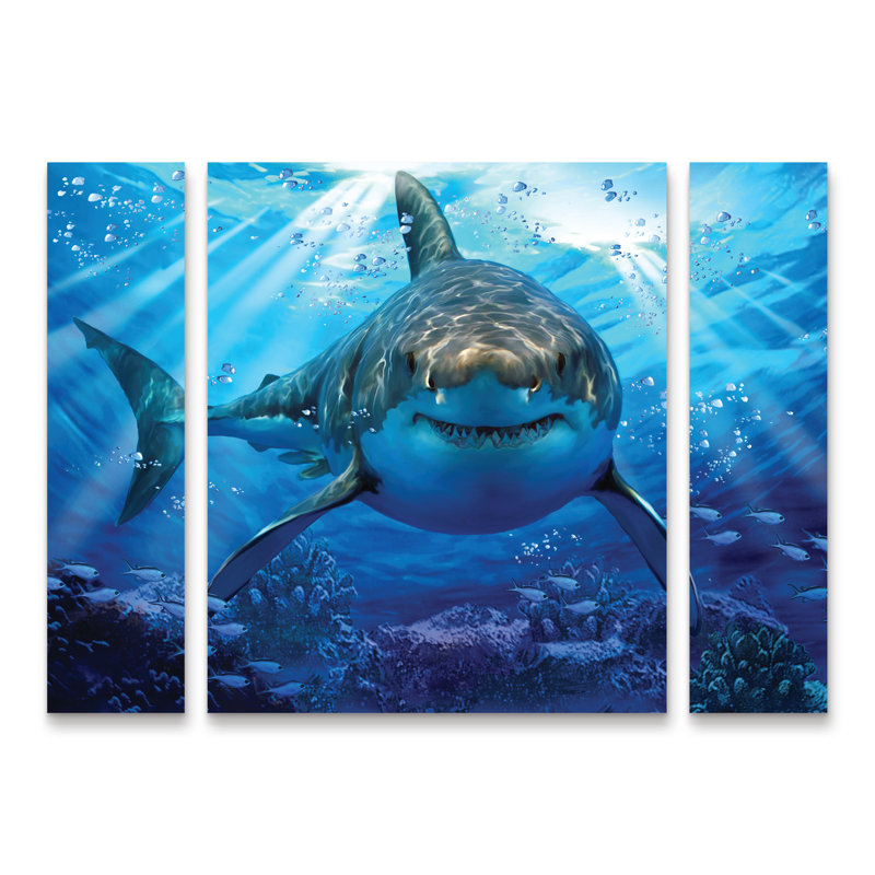 Ensemble de 3 panneaux d'art contemporain Howard Robinson «Stalking Shark», H 24 po x l 32 po x P 2 po