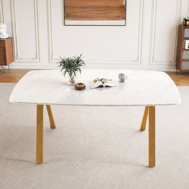 Marble-Look Glass Dining Table with Gold Metal Legs, Gold