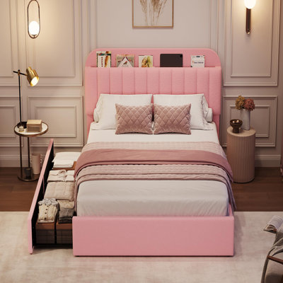 Structure de lit, structure de lit tapissier avec tête de lit avec bibliothèque et 2 tiroirs roulants, support de lattes en bois silencieux, aucun sommier nécessaire pour la chambre des enfants