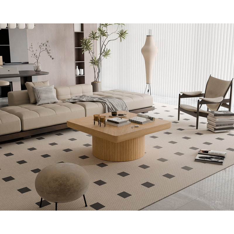 Table basse carrée avec plateau de parquet et base cylindrique en bois naturel, Bois naturel