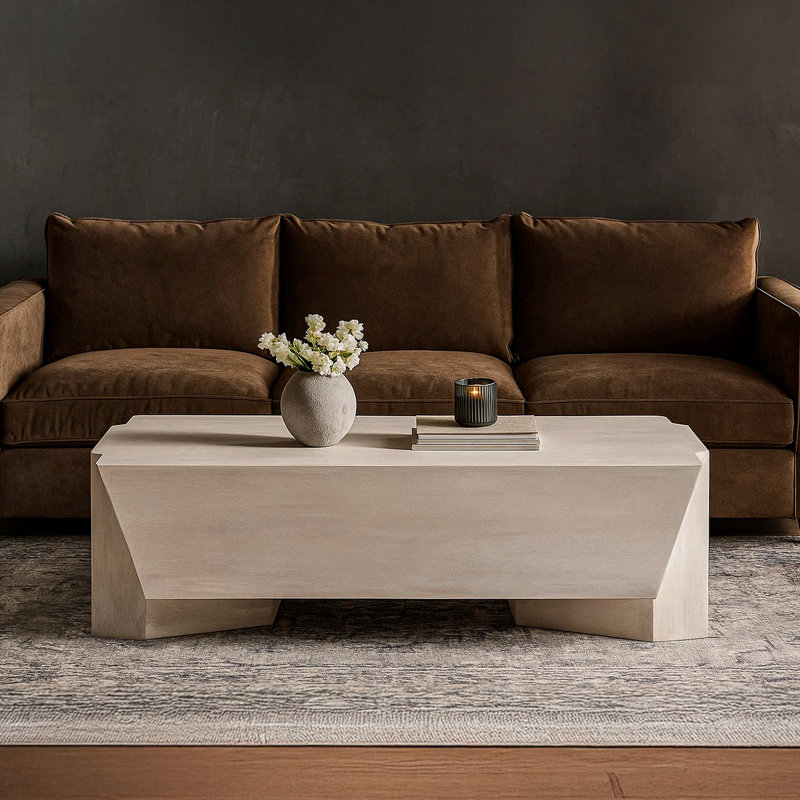 Table basse Joanie | Bois de manguier rectangulaire blanc de 45 po fabriqué à la main Biscotti | Base asymétrique solide