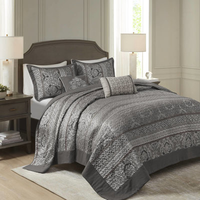 5 couvre-lits réversibles gris très grand avec rayures et motifs, y compris 2 taies décoratives, pour une broderie durable sur un décor luxueux lavable à la machine