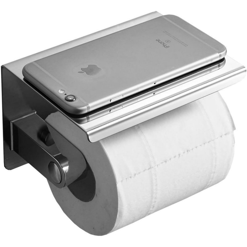 Wall Mounted Toilet Paper Holder With Phone Shelf - Stainless Steel Bathroom Tissue Dispenser, Space Saving Design For Small Bathrooms, Multi Functional Storage For Phone & Essentials