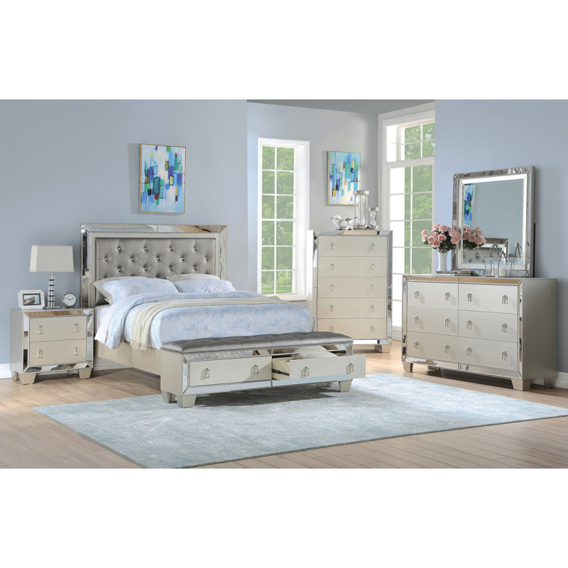 Glam Luxurious 1Pc California King Size Bed W Drawers Footboard Silver Mirror Accents Tufted Headboard Bedroom Furniture