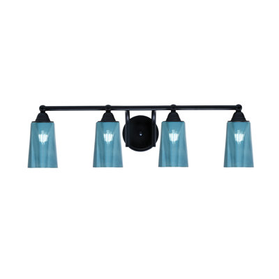 Barre d'éclairage de salle de bain 4 lumières Paramount avec fini noir mat et verre dégradé bleu l 4,5 po x H 6,5 po