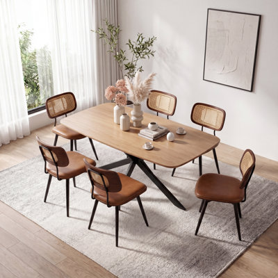 Modern Swivel Faux Leather Dining Chairs With Rattan Back