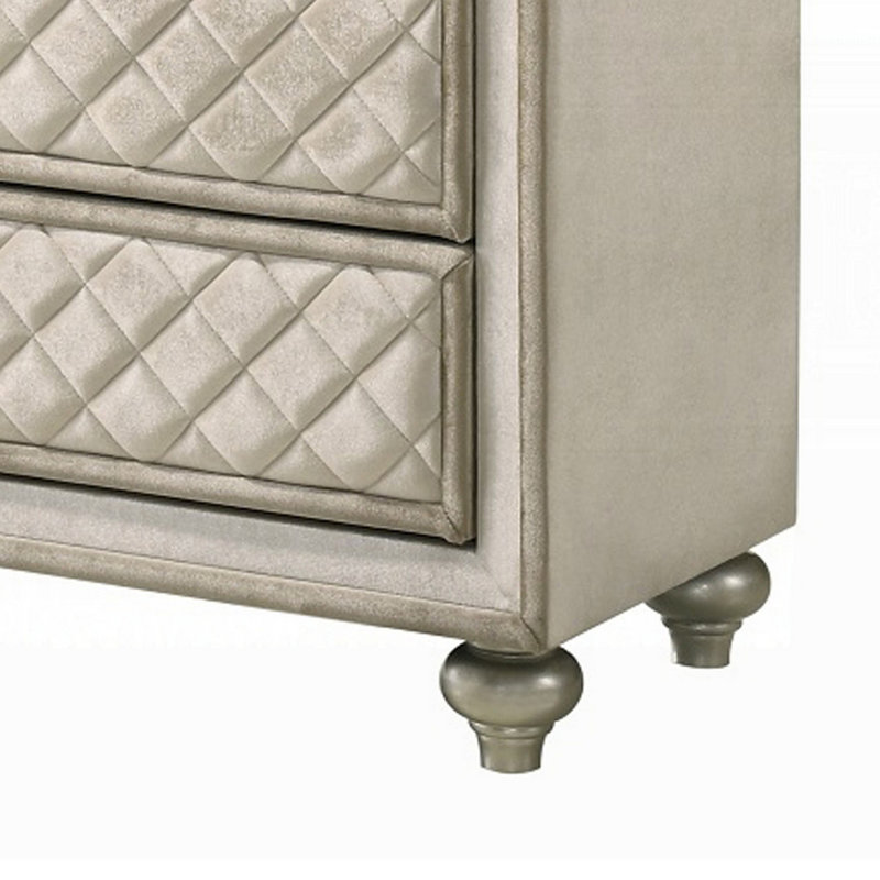 Commode haute Willa, 5 tiroirs, faux cristal, velours beige touffeté