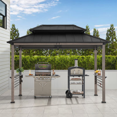 Sunjoy Wooden Grill Gazebo with AC Power Port, 8 x 12 ft. Steel Hardtop Outdoor Gazebo for Year-Round Grilling, Cedar Framed Gazebo with Built-in Electrical Outlets and Decorative Fence