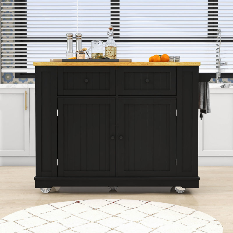 Rolling Kitchen Island Cart with Drop Leaf, Power Outlet, 2 Drawers, Adjustable Shelves and Spice Rack, Black