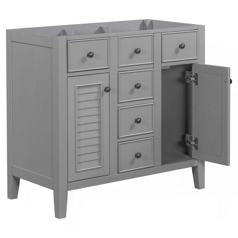 Meuble-lavabo 36 po sans lavabo, base d'armoire seulement, deux armoires et cinq tiroirs, structure en bois massif