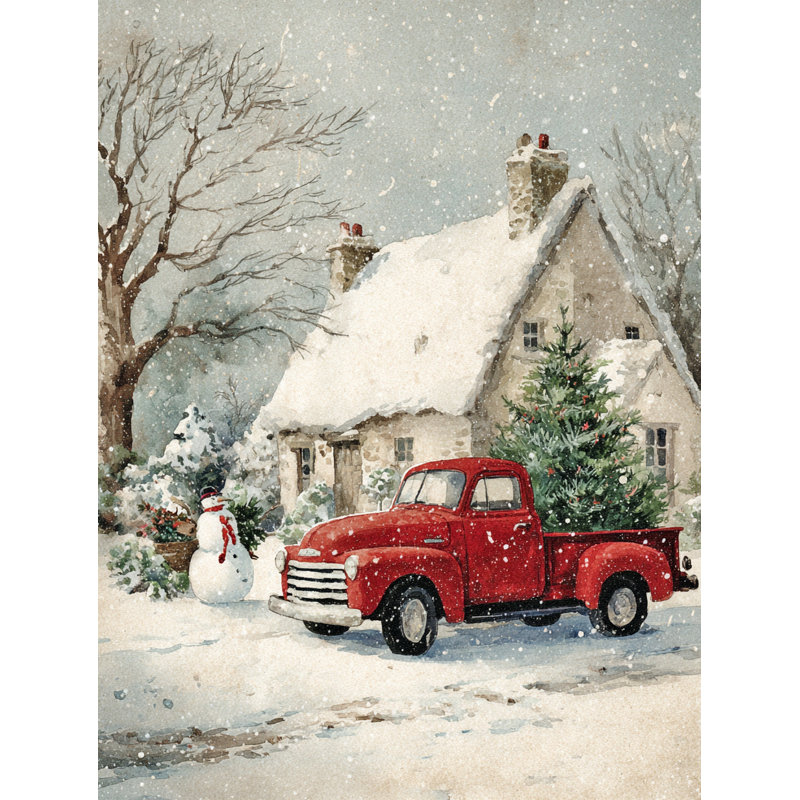 «Snowy Cottage with Red Truck», art mural sur toile, H 48 po x l 36 po