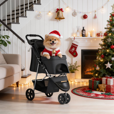 Foldable Pet Stroller, 3 Wheels Folding Carrier Jogger Stroller for Dogs Cats with Canopy and DIY Stickers