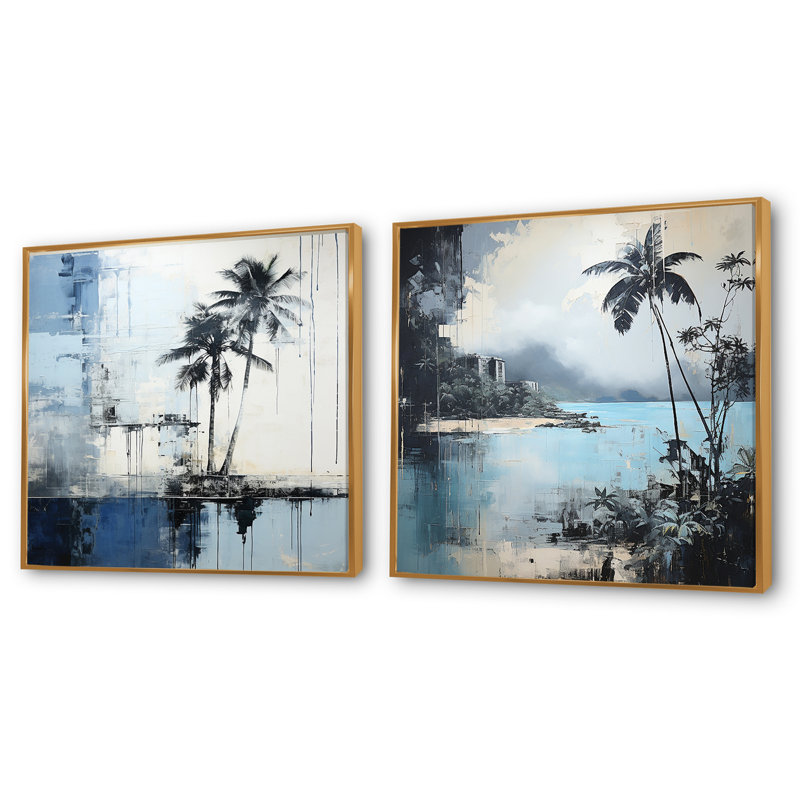 Ensemble de 2 collages de palmiers tropicaux - bleu et gris, Cadre flottant doré, H 16 po x l 33 po
