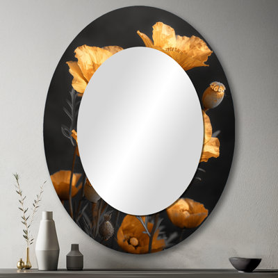 Or noir rétro Glamour Poppies - décor de miroir mural ovale doré