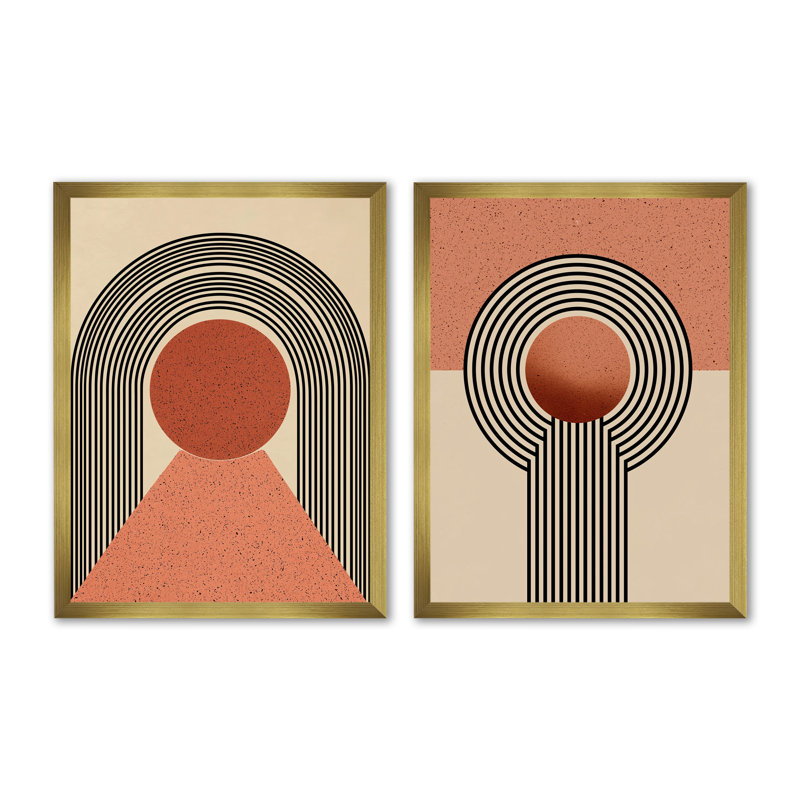Vortex rétro vintage orange et noir - art moderne 2 pièces Mid-Century, Cadre doré simple, H 32 po x l 48 po