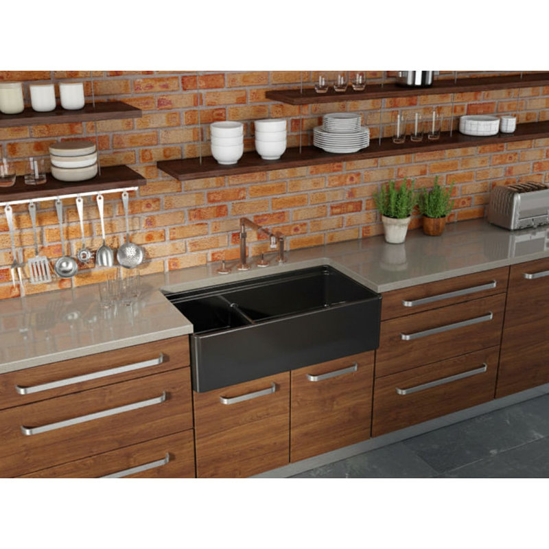 36" Reversible Double Bowl Fireclay Farmhouse Sink, Black