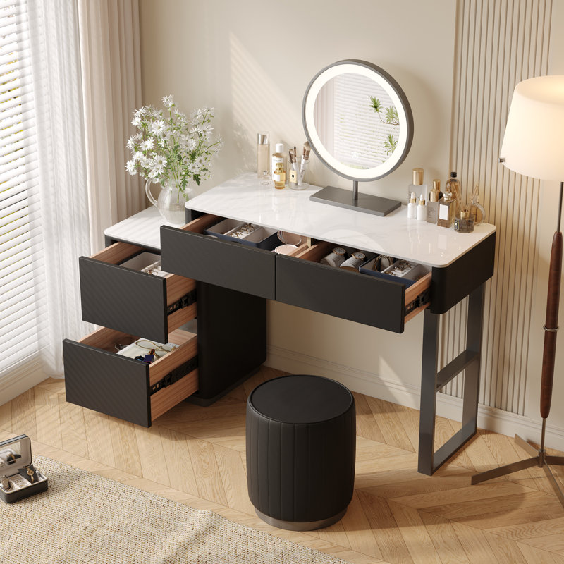 Edorta 55.1" W Marble and Solid Wood Makeup Vanity Set, Black
