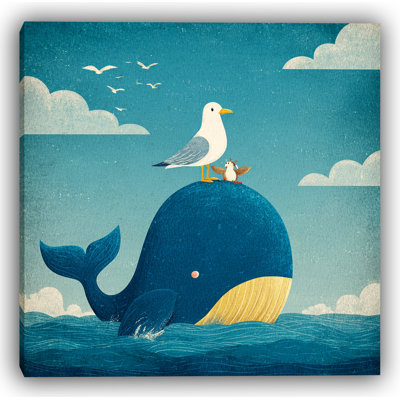Seaside Friends Whale and Gulls Wrapped Canvas Wall Art