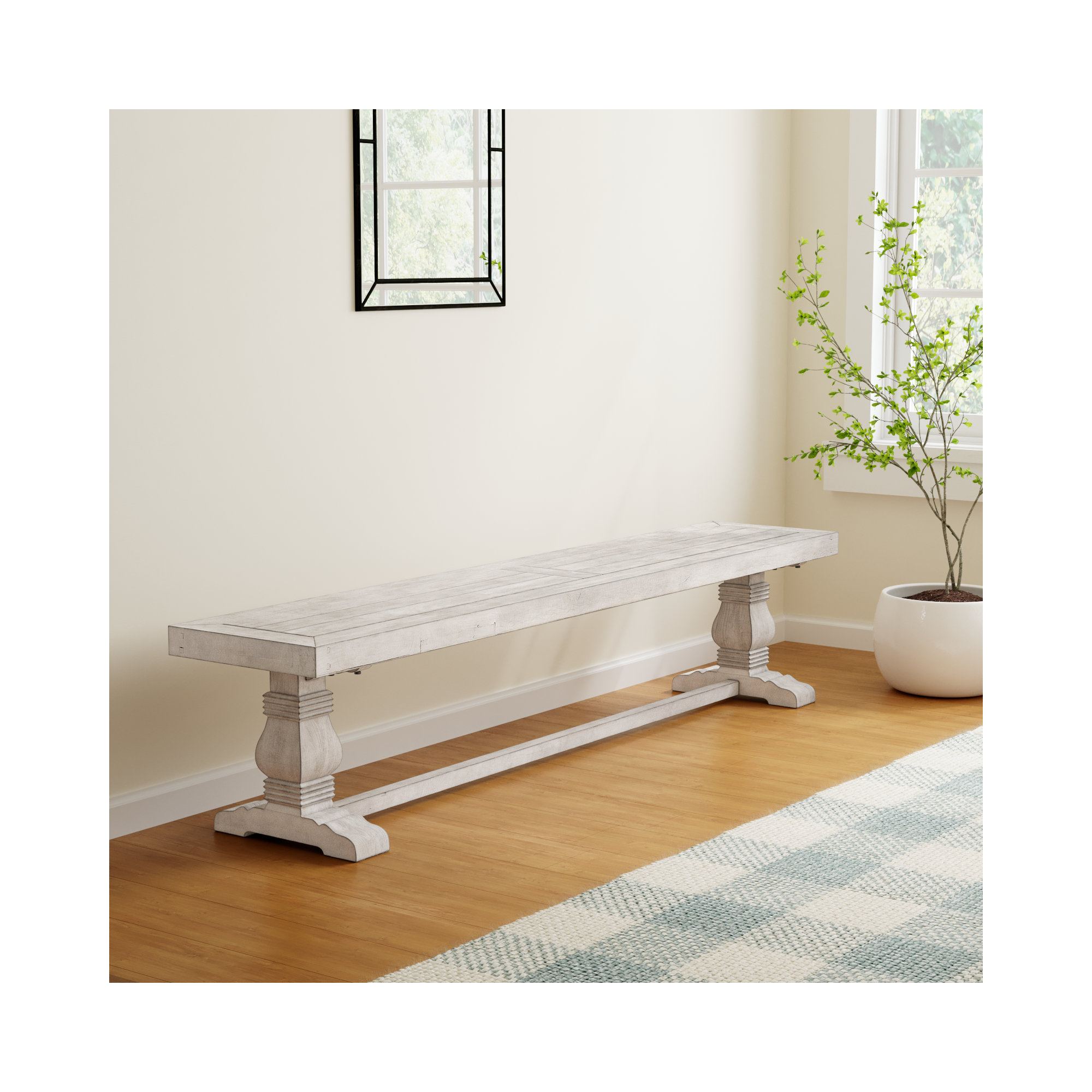 Kinston Solid Wood Bench,  Distressed Ivory, 18" H x 83" W x 16"D