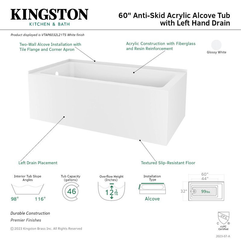 Kingston Brass Aqua Eden 60-Inch Acrylic Rectangular 2-Wall Corner Alcove Tub, Hand Drain, Left
