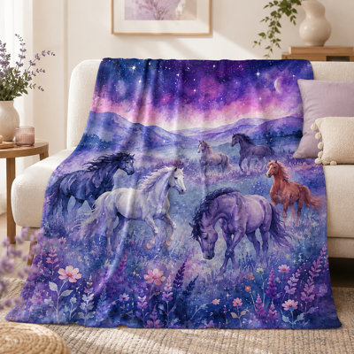 Jeté de cheval galaxie avec prairie étoilée mauve, flanelle aquarelle, décor équestre céleste pour canapé, lit et voyage, 40 po x 50 po