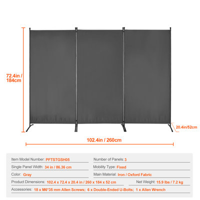 Paravent de séparation de pièce, paravent à 3 panneaux, écran de confidentialité pliable et cloison portative pour séparer les pièces, cloisons autoportantes pour bureau, chambre à coucher, espace de travail, gris
